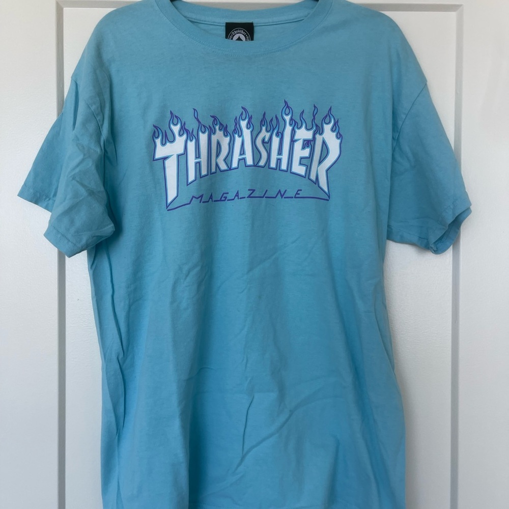 Thrasher‎ Magazine Flame Logo T-Shirt Light Blue Purple Large Skate Tee